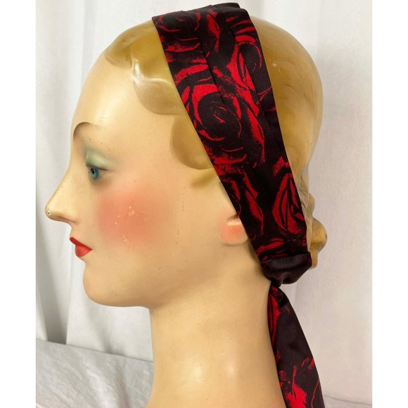 Eugenia Kim Silk Print Pleated Headband Roses Red Black Elastic Back Ties main image 4